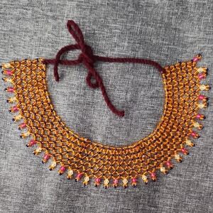 Handcrafted Native American Beaded Necklace in Gold and Pink